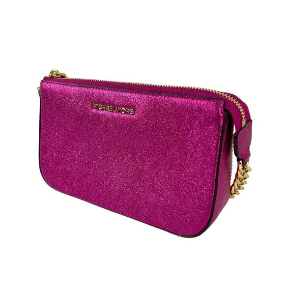 Michael Kors Jet Set Travel Metallic Hot Pink Gold Chain Pochette Bag Purse - Picture 10 of 16